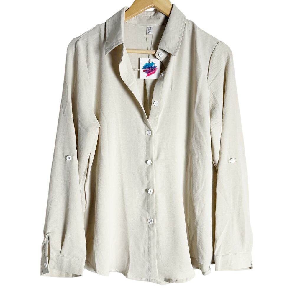 Odosalli Sand Cream Lightweight Long Sleeve Button Up Shirt Size Medium